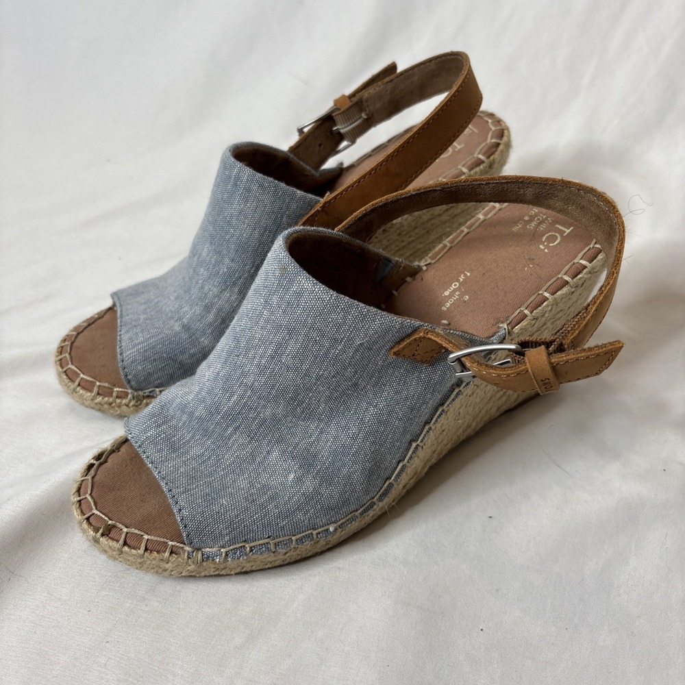 Toms Monica Mule Wedge Blue‎ Chambray Women's 9 High Wedge Open Toe Shoes